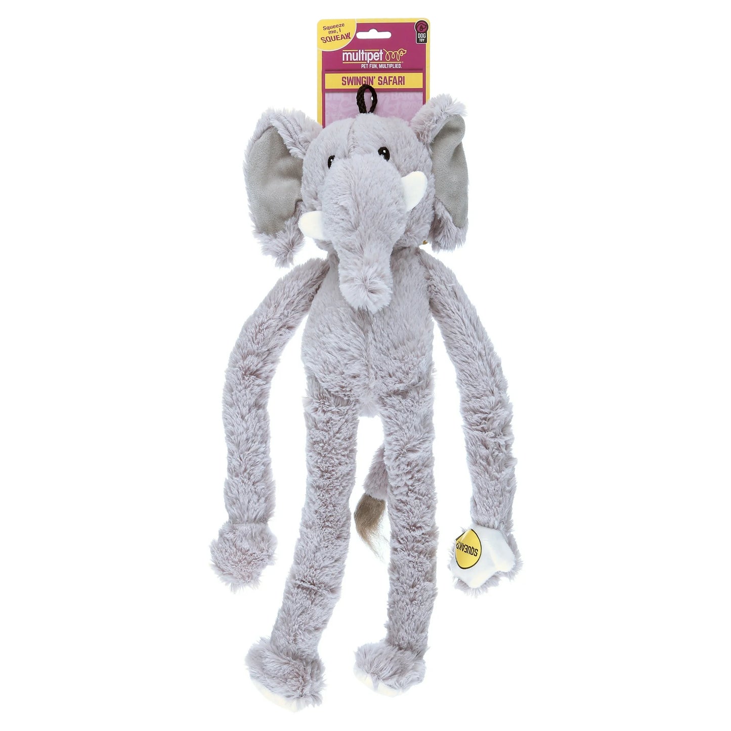 SWINGIN’ SAFARI ELEPHANT PLUSH SQUEAK SOUND INTERACTIVE DOG TOY