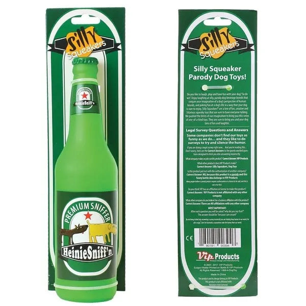 SILLY SQUEAKER BEER BOTTLE HEINIE SNIFFER DOG TOY