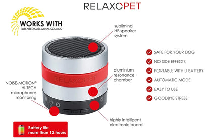 RelaxoPet anxiety relief training device for dogs with subliminal speaker and portable battery