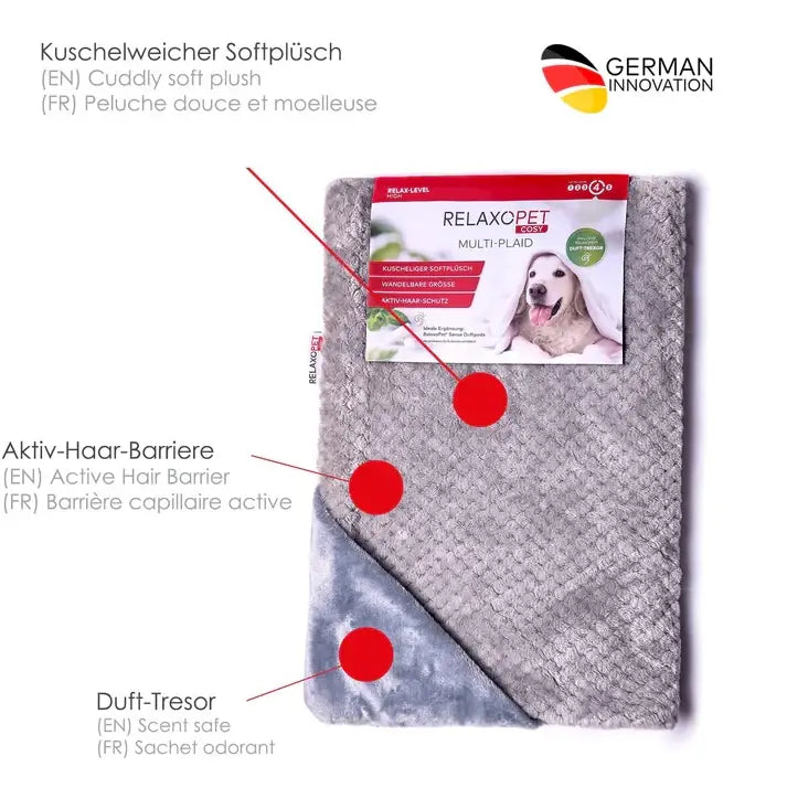 RelaxoPet stress relief blanket for anxious pets in soft plush gray fabric with active hair barrier and scent safe features