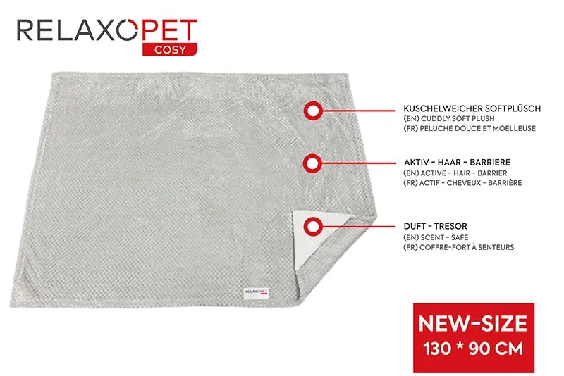 RelaxoPet stress relief XL blanket for anxious pets in gray soft plush fabric 130 by 90 cm