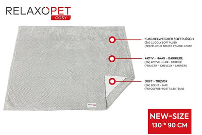 RelaxoPet stress relief XL blanket for anxious pets in gray soft plush fabric 130 by 90 cm